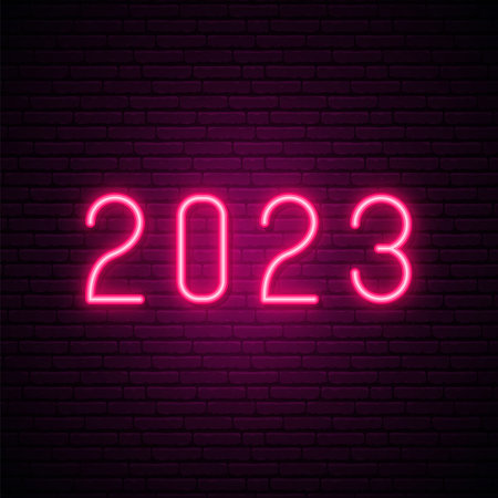 2023 neon sign. Bright pink numbers signboard, light banner.  neon, emblem. stock vector illustration.のイラスト素材