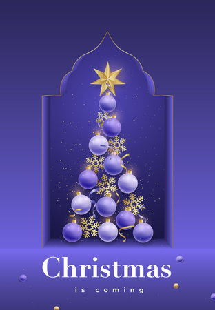 Balls and snowflakes in shape of Christmas tree. Modern Christmas illustration with inscription: Christmas is coming.のイラスト素材
