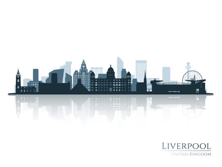Liverpool skyline silhouette with reflection. Landscape Liverpool, United Kingdom. vector illustration.のイラスト素材