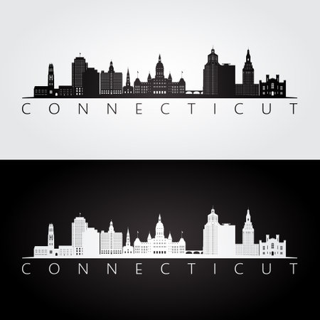 Connecticut state skyline and landmarks silhouette, black and white design. vector illustration.のイラスト素材