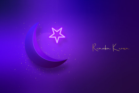 ramadan kareem banner. Realistick Crescent moon and purple neon star. lightburst. Holy month of Ramadan. stock vector illustration.のイラスト素材