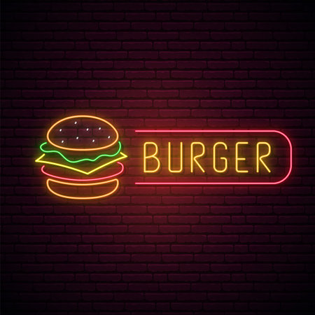 neon burger sign. Glowing burger icon and text for cafe, restaurant, bar advertising. neon signs. vector illustration.のイラスト素材