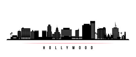 Hollywood skyline horizontal banner. Black and white silhouette of Hollywood, California. vector template for your design.のイラスト素材