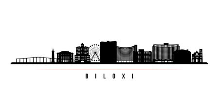 Biloxi skyline horizontal banner. Black and white silhouette of Biloxi Beach, Mississippi. vector template for your design.のイラスト素材