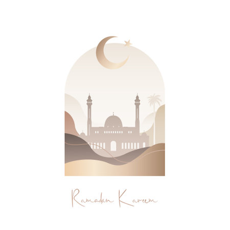 Ramadan Kareem greeting card. Modern Islamic pattern in Boho style. Arabian mosque and Crescent Moon in desert. stock vector illustration.のイラスト素材