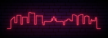 Red neon skyline of Regina. Bright Regina City long banner. vector illustration.のイラスト素材
