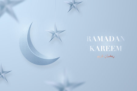 Ramadan Kareem festive banner. Crescent Moon and stars hanging on light blue background. motion blur effect. stock vector illustration.のイラスト素材