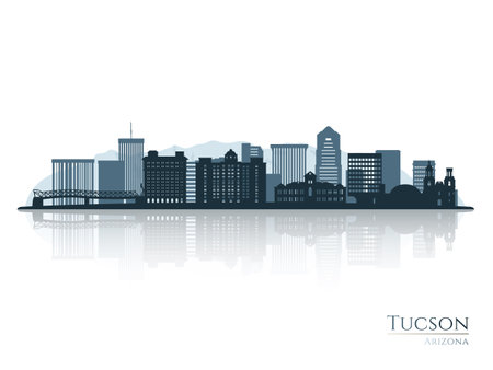 Tucson skyline silhouette with reflection. Landscape Tucson, Arizona. vector illustration.のイラスト素材