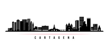 Cartagena skyline horizontal banner. Black and white silhouette of Cartagena, Colombia. vector template for your design.のイラスト素材