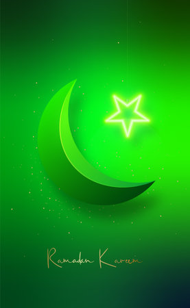 Ramadan Kareem vertical banner with crescent moon and green neon star. Modern arabic greeting design.のイラスト素材