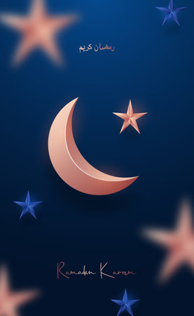 Ramadan kareem vertical greeting illustration with rose gold crescent moon, stars and sparcles. traditional islamic holy holiday.のイラスト素材