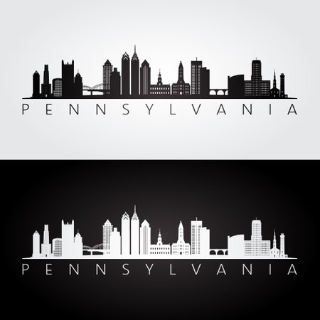 Pennsylvania state skyline and landmarks silhouette, black and white design. vector illustration.のイラスト素材