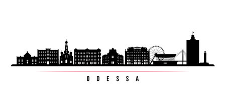 Odessa skyline horizontal banner. Black and white silhouette of Odessa, Ukraine. vector template for your design.のイラスト素材