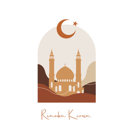 Ramadan Kareem islamic banner. Holy Islamic month. Islamic mosque and crescent Bohemian style.のイラスト素材