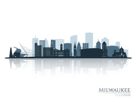 Milwaukee skyline silhouette with reflection. Landscape Milwaukee, Wisconsin. vector illustration.のイラスト素材