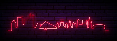 Red neon skyline of Gdansk. Bright Gdansk, Poland long banner. vector illustration.のイラスト素材