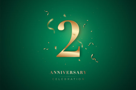 2nd Anniversary celebration greeting card. Golden metallic Number 2 with sparkling confetti on green background. Design template for birthday or wedding party event decoration.のイラスト素材