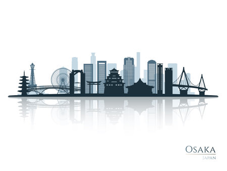 Osaka skyline silhouette with reflection. Landscape Osaka, Japan. vector illustration.のイラスト素材