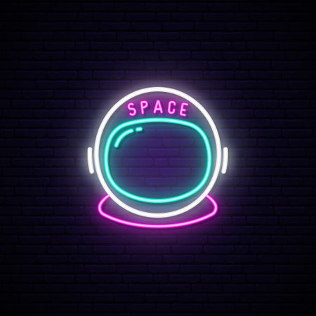 neon astronaut sign. Glowing astronaut helmet icon on dark brick wall background. space icon. vector illustration.のイラスト素材