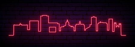 Red neon skyline of Binghamton. Bright Binghamton, NY long banner. vector illustration.のイラスト素材
