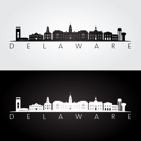 Delaware state skyline and landmarks silhouette, black and white design. vector illustration.のイラスト素材