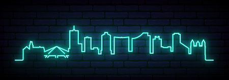 Blue neon skyline of Christchurch. Bright Christchurch long banner. vector illustration.のイラスト素材