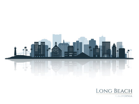 Long Beach skyline silhouette with reflection. Landscape Long Beach, California. vector illustration.のイラスト素材