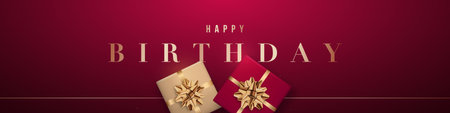 Happy birthday web banner. Pattern with realistic gift boxes. Luxury vector design. Concept background for holidays.のイラスト素材