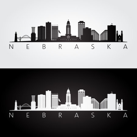 Nebraska state skyline and landmarks silhouette, black and white design. vector illustration.のイラスト素材