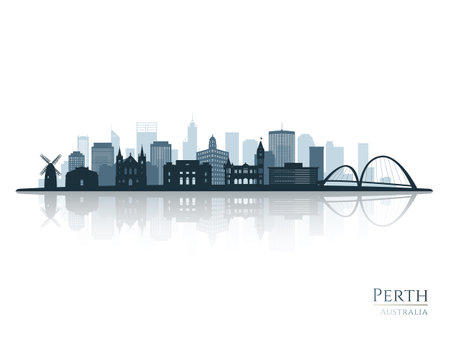 Perth skyline silhouette with reflection. Landscape Perth, Australia. vector illustration.のイラスト素材