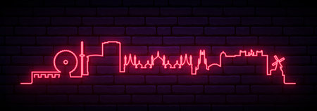 Red neon skyline of Brighton. Bright Brighton long banner. vector illustration.のイラスト素材