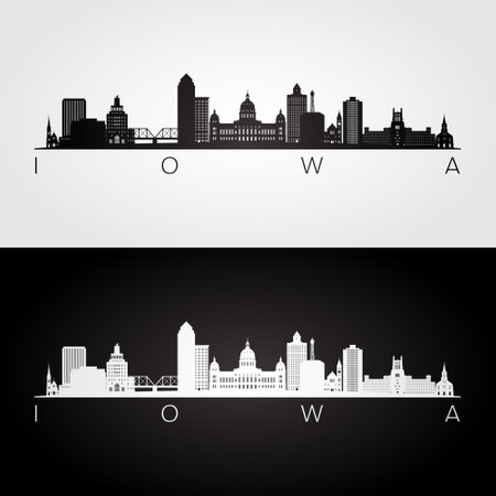 Iowa state skyline and landmarks silhouette, black and white design. vector illustration.のイラスト素材