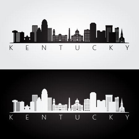 Kentucky state skyline and landmarks silhouette, black and white design. vector illustration.のイラスト素材