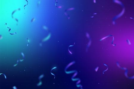 Abstract neon colorful banner. Shiny ribbons falling on background. Design template for party, celebration and birthday. Bright foil confetti reflecting neon light.のイラスト素材