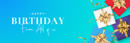 Happy birthday banner. Realistick colorful gift boxes top view. Decorative gifts on blue background.のイラスト素材