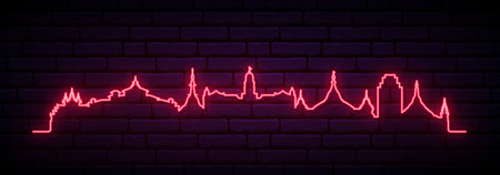 Red neon skyline of Yangon. Bright Yangon long banner. vector illustration.のイラスト素材