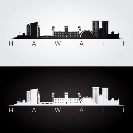 Hawaii state skyline and landmarks silhouette, black and white design. vector illustration.のイラスト素材