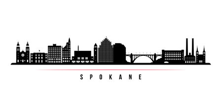 Spokane, WA skyline horizontal banner. Black and white silhouette of Spokane city. vector template for your design.のイラスト素材
