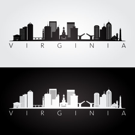 Virginia state skyline and landmarks silhouette, black and white design. vector illustration.のイラスト素材