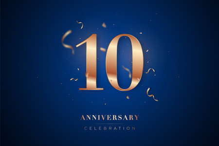 10th Anniversary celebration greeting card. Rose Gold metallic Number 10 with sparkling confetti on...