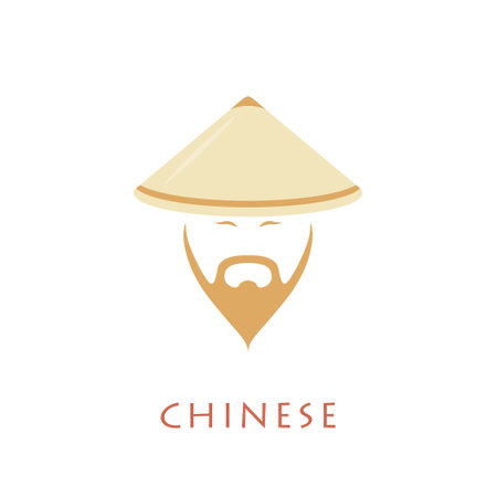 Chinese man with beard in national conical hat. Ancient chinese icon.のイラスト素材