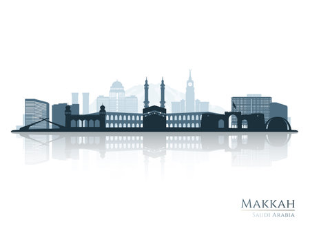 Makkah skyline silhouette with reflection. Landscape Makkah, Saudi Arabia. vector illustration.のイラスト素材