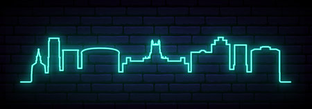 Blue neon skyline of Iowa City. Bright Iowa City long banner. vector illustration.のイラスト素材