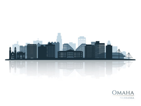 Omaha skyline silhouette with reflection. Landscape Omaha, Nebraska. vector illustration.のイラスト素材