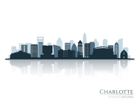 Charlotte skyline silhouette with reflection. Landscape Charlotte, North Carolina. vector illustration.のイラスト素材