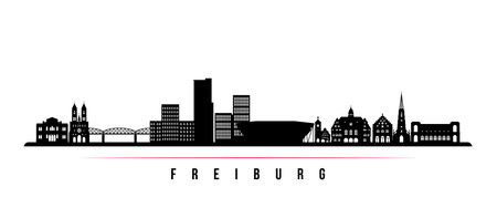 Freiburg skyline horizontal banner. Black and white silhouette of Freiburg, Germany. vector template for your design.のイラスト素材
