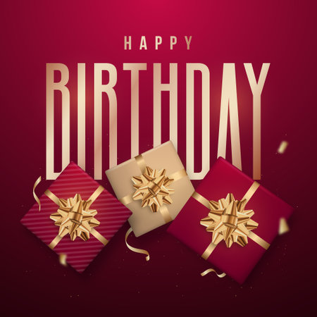 Greeting card with decorative gift boxes and inscription: Happy Birthday. view from above. stock vector illustration.のイラスト素材