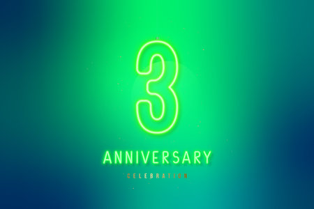 Neon glowing Number 3. Three Year Anniversary Celebration green neon sign. Design template for invitation or greeting card.のイラスト素材