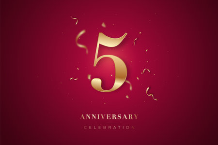 5th Anniversary celebration greeting card. Golden metallic Number 5 with sparkling confetti on red...