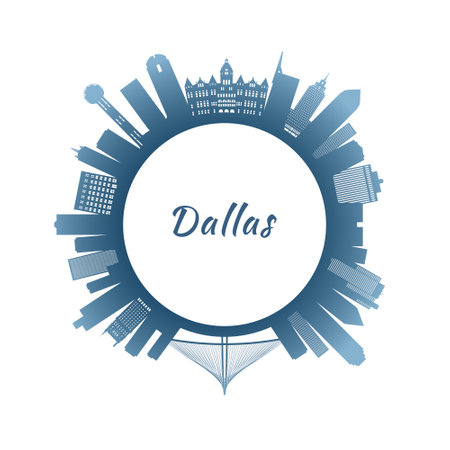 Dallas skyline with colorful buildings. circular style. stock vector illustration.のイラスト素材